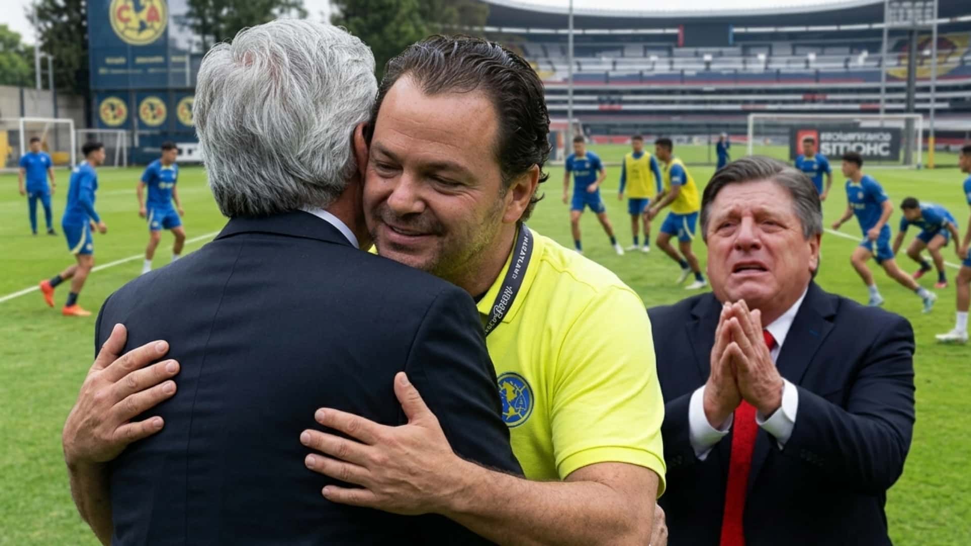 Ilustración digital de Santiago Baños saludando a un DT y Miguel Herrera de fondo
