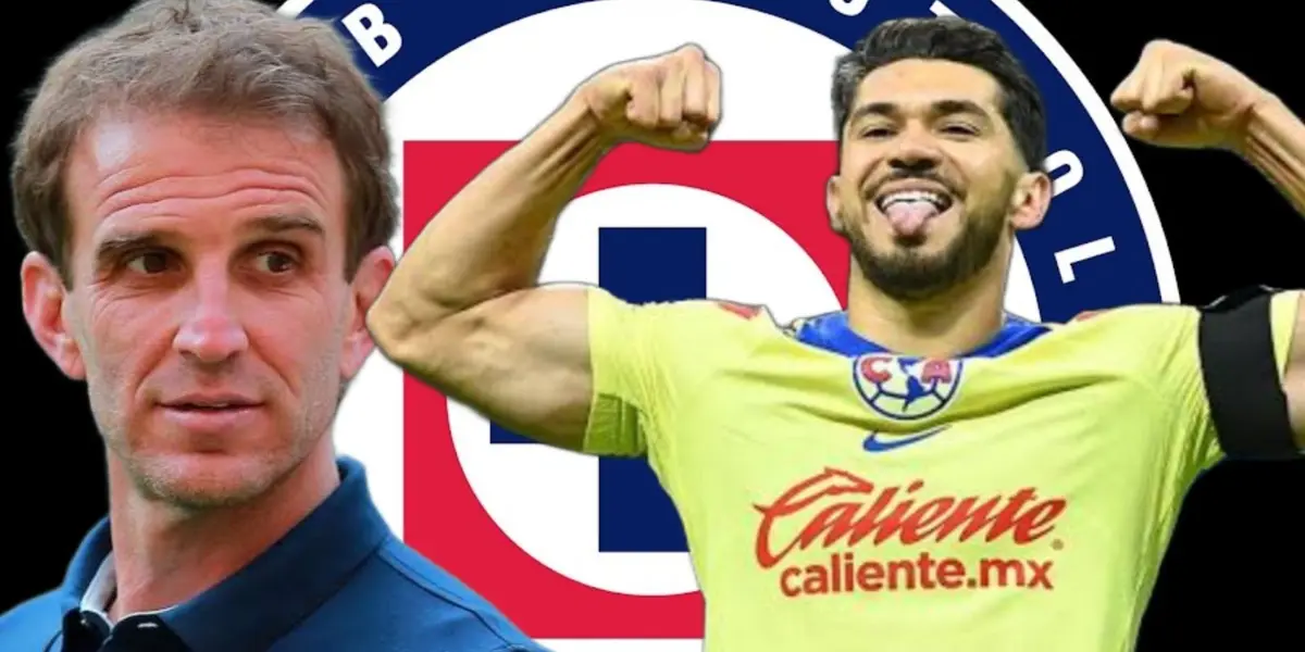 Iván Alonso, a lado Henry Martín y al fondo el escudo de Cruz Azul / Foto Getty