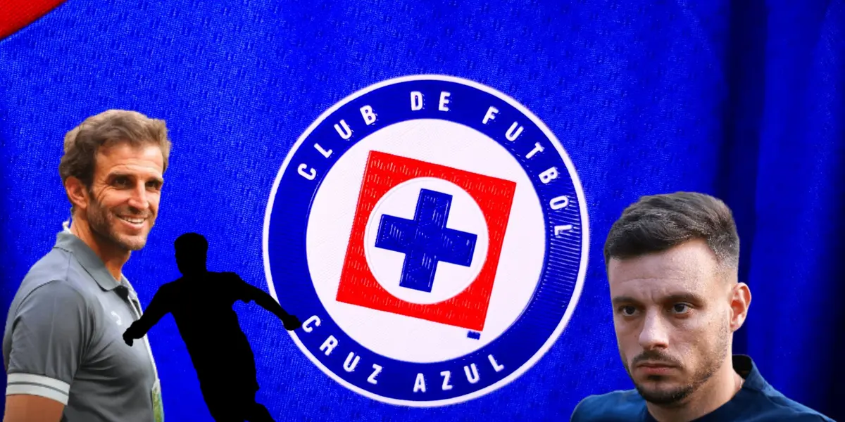 Iván Alonso sonriente, Martín Anselmi y silueta de jugador corriendo/ Foto Cruz Azul.