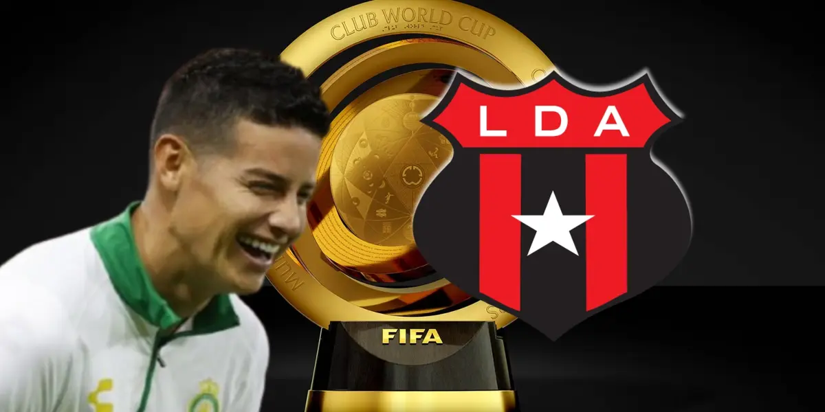 James Rodríguez junto al escudo del Alajuelense / FOTO FUTBOLRED