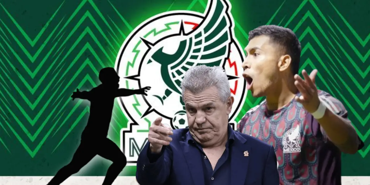 Javier Aguirre apuntando, jugador corriendo en forma de sombra y Orbelín Pineda/Foto Pinterest.