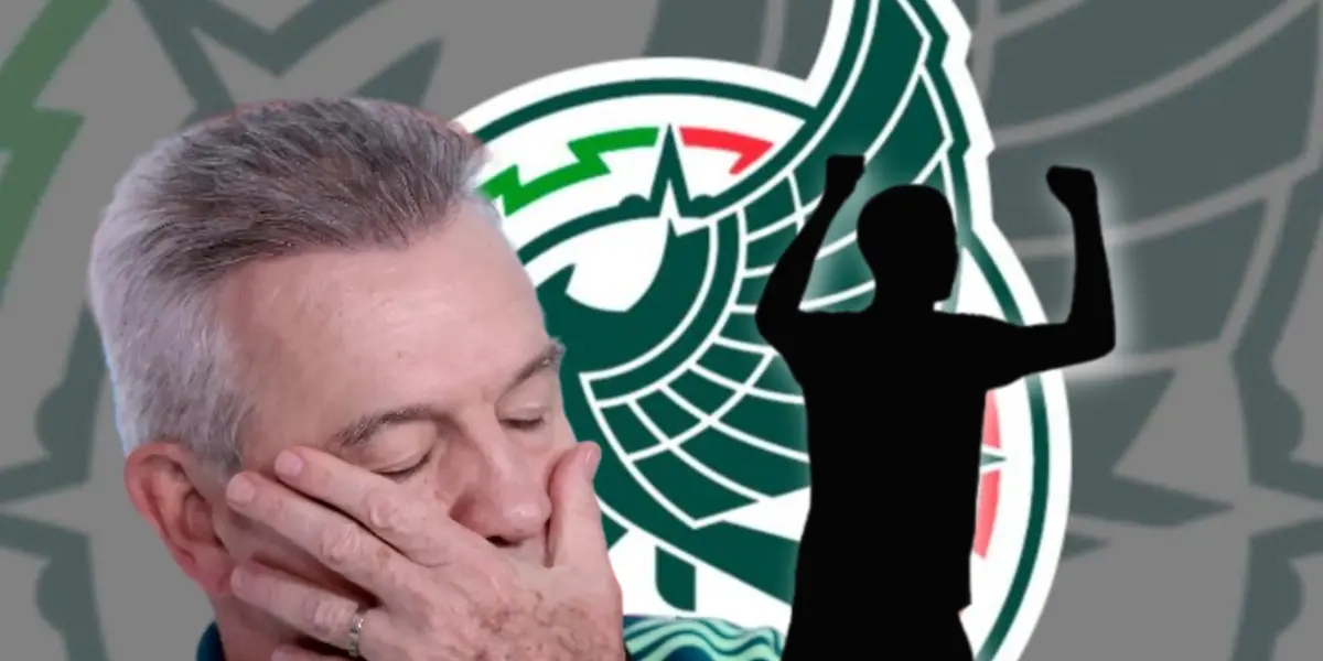 Javier Aguirre con manos en el rostro y silueta de futbolista celebrando/Foto Pinterest.