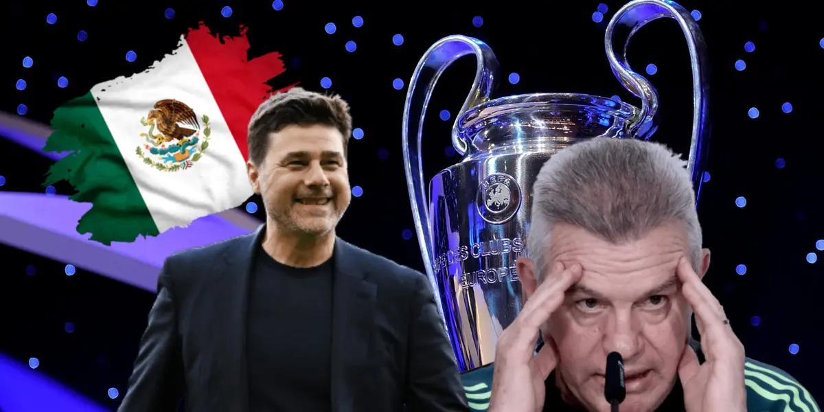 Javier Aguirre con manos en la cabeza, Mauricio Pochettino riendo y bandera/Foto GQ México.