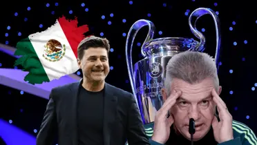 Javier Aguirre con manos en la cabeza, Mauricio Pochettino riendo y bandera/Foto GQ México.