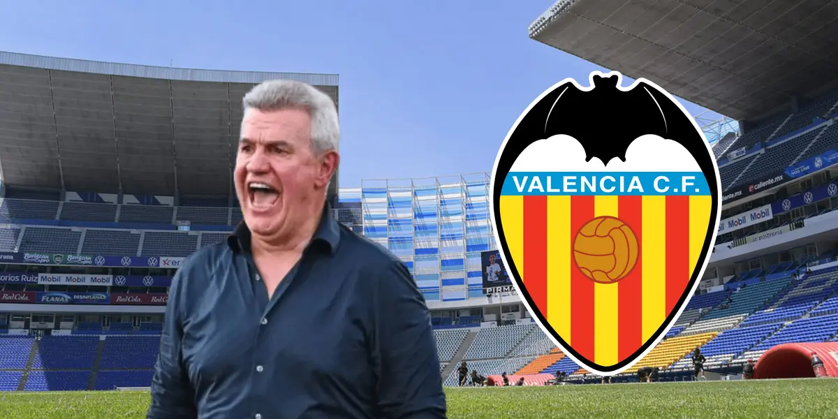 Javier Aguirre gritando y logo del Valencia CF/Foto Grada.