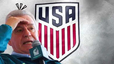 Javier Aguirre junto al escudo de EEUU / FOTO TUDN