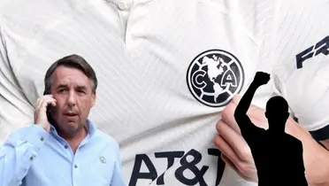 Jersey blanco del América, Emilio Azcárraga hablando y futbolista alzando el puño/ Foto AT&T.