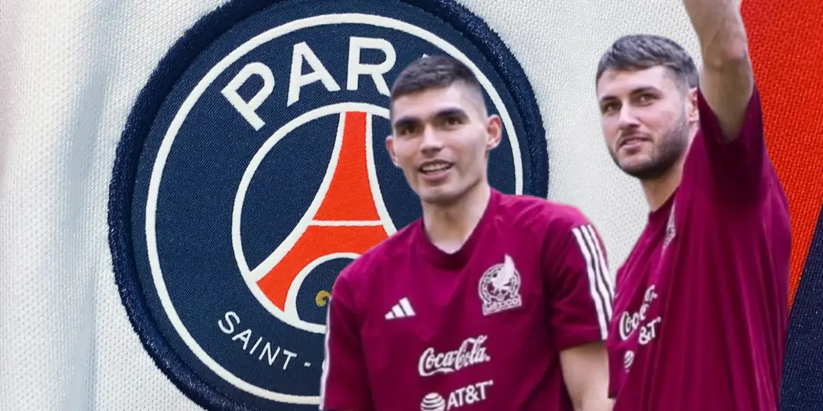 Johan Vásquez y Santiago Giménez junto al escudo de PSG / FOTO RÉCORD