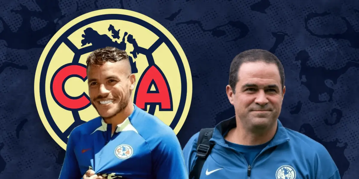 Jonathan dos Santos señalando escudo y André Jardine feliz/Foto 'X'.