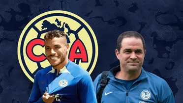 Jonathan dos Santos señalando escudo y André Jardine feliz/Foto 'X'.