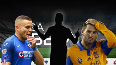 Jonathan Rodríguez, André Pierre Gignac y silueta de Djaniny Tavares/Foto Infobae.