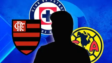 Jorge Carrascal en forma de silueta, escudos de Flamengo, América y Cruz Azul/Foto Uno TV.