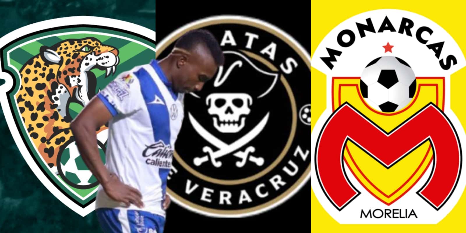 Jugador del Puebla junto a los escudos de Chiapas, Veracruz.y Morelia / FOTO INTOLERANCIA