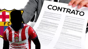 Jugador incógnito de Chivas junto a escudo del FC Barcelona / FOTO X