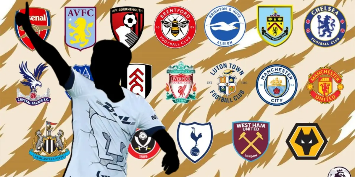 Jugador incógnito de Pumas junto a escudos de clubes de la Premier League / FOTO X