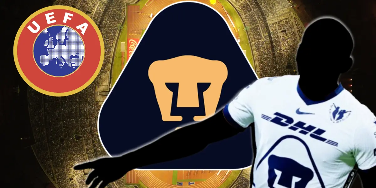 Jugador incógnito de Pumas junto a logo de la UEFA / FOTO X