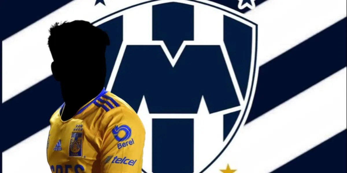Jugador incógnito de Tigres junto al escudo de Rayados / FOTO YAHOO NOTICIAS