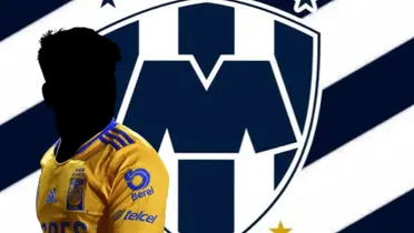 Jugador incógnito de Tigres junto al escudo de Rayados / FOTO YAHOO NOTICIAS