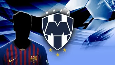 Jugador incógnito del FC Barcelona junto al escudo de Rayados / FOTO GOAL