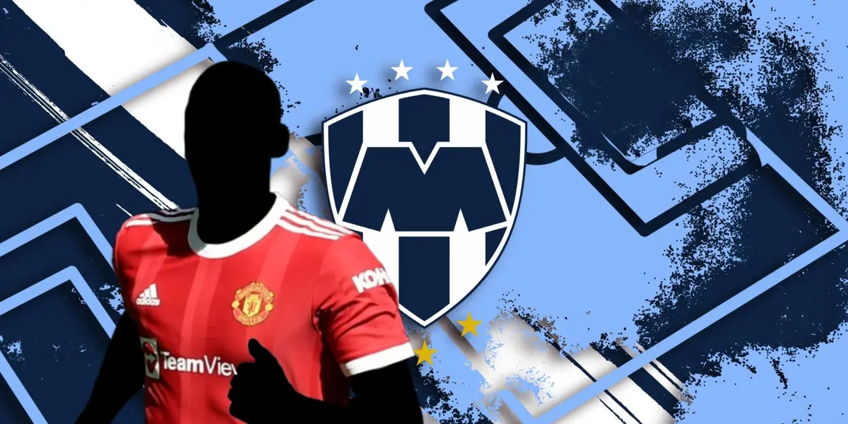 Jugador incógnito del Manchester United junto al escudo de Rayados / FOTO SKY SPORTS