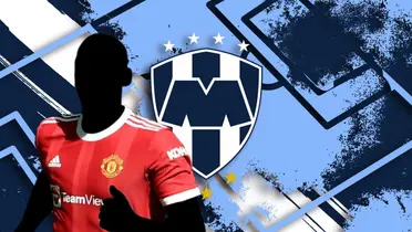 Jugador incógnito del Manchester United junto al escudo de Rayados / FOTO SKY SPORTS