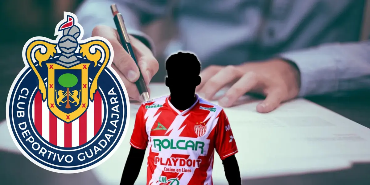 Jugador incógnito del Necaxa junto al escudo de Chivas / FOTO JAM MEDIA