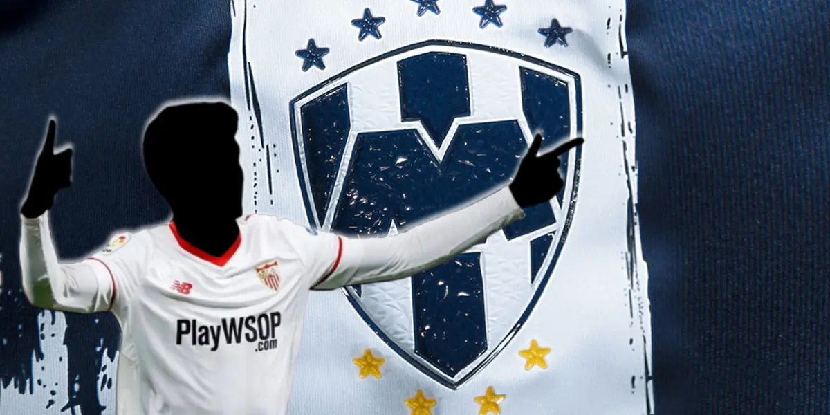 Jugador incógnito del Sevilla junto al escudo de Rayados / FOTO MILENIO