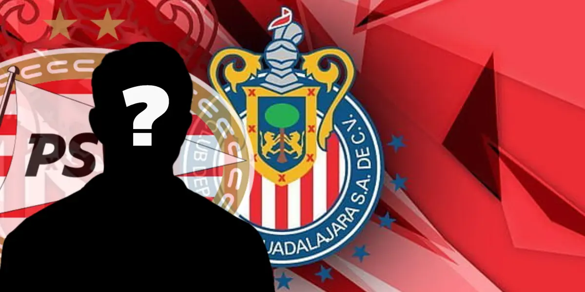 Jugador incógnito junto al escudo del PSV Eindhoven y Chivas / FOTO X