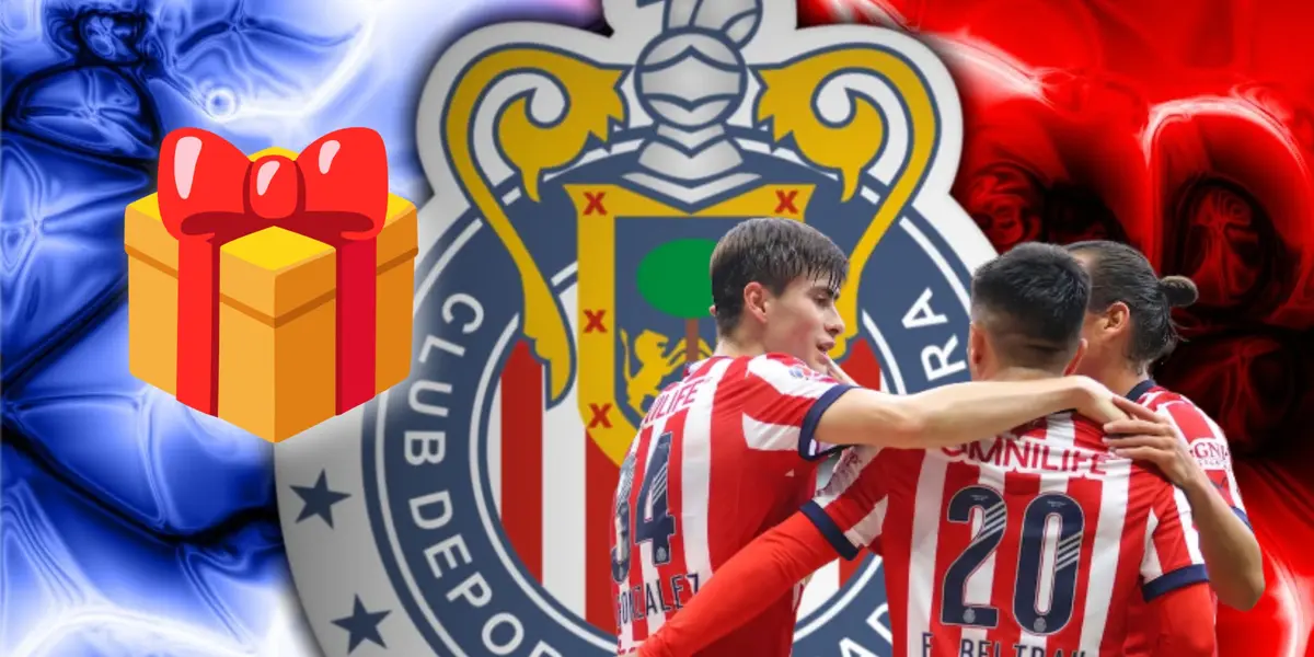 Jugadores de Chivas abrazados y emoji de regalo/ Foto Conozcamos todas las banderas del mundo.