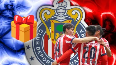 Jugadores de Chivas abrazados y emoji de regalo/ Foto Conozcamos todas las banderas del mundo.