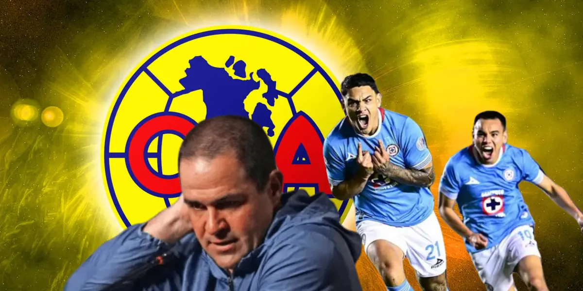 Jugadores de Cruz Azul celebrando y André Jardine tomándose la cabeza/Foto Wallpapers.com