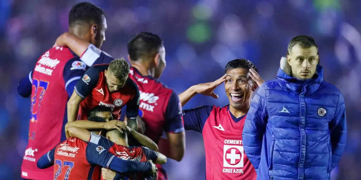 Jugadores de Cruz Azul celebrando y Martín Anselmi/ Foto Atmosfera Deportiva.