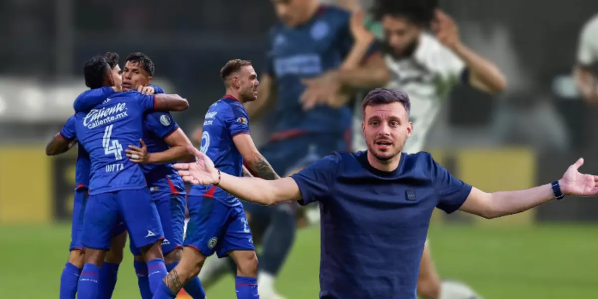 Jugadores de Cruz Azul festejando y Martín Anselmi/ Foto Pumas.
