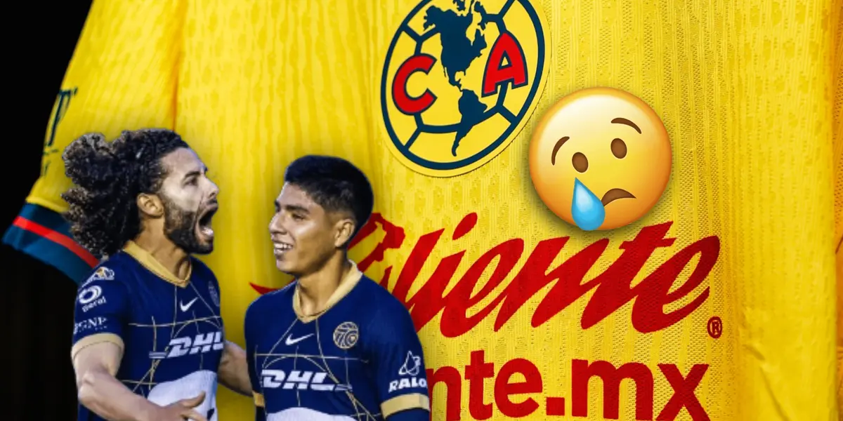 Jugadores de Pumas celebrando y playera de las Águilas junto a emoji/Foto Club América.