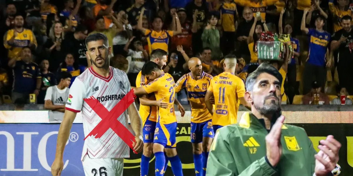 Jugadores de Tigres celebrando, Paulinho serio, cruz roja y Veljko Paunovic/ Foto Hernan Muñiz.