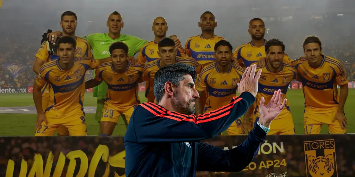 Jugadores de Tigres de fondo, previo a partido, con Paunoviç al frente. Foto: Tigres