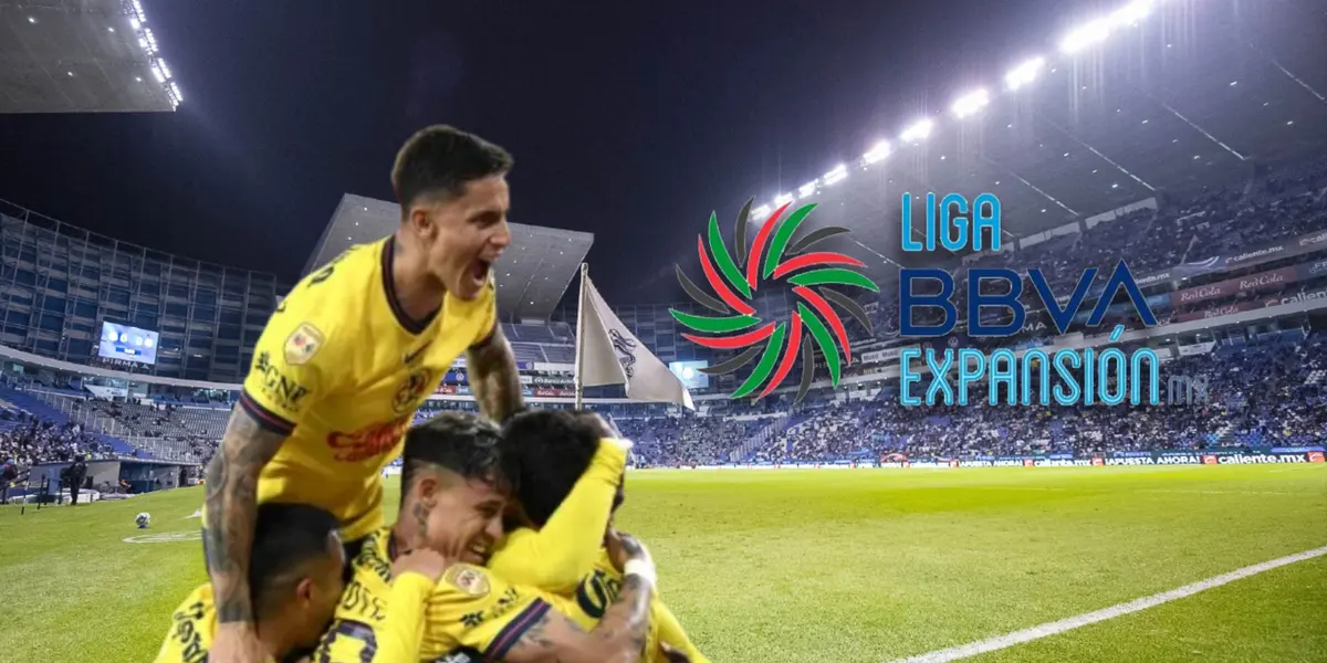 Jugadores del América abrazados y logo de Liga de Expansión/Foto Nelso Schneider.