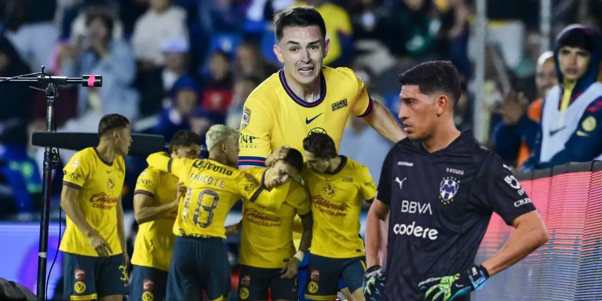 Jugadores del América celebrando y Esteban Andrada con manos en la cintura/ Foto La Afición.