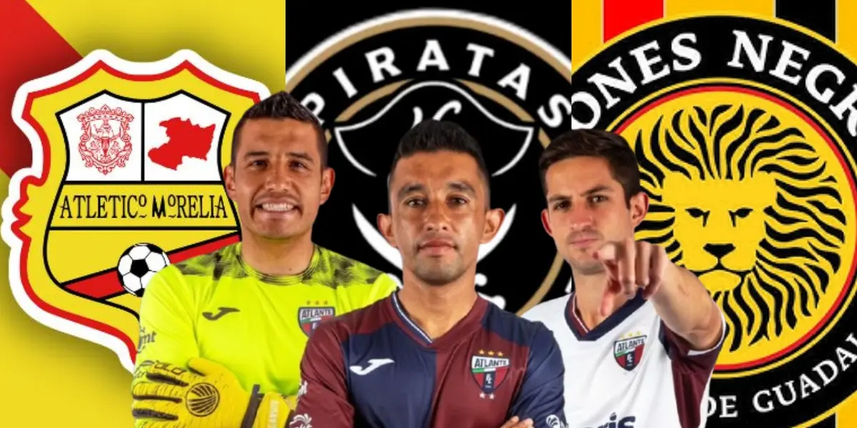 Jugadores del Atlante junto a escudos de Atlético Morelia, Veracruz y Leones Negros / FOTO RÉCORD