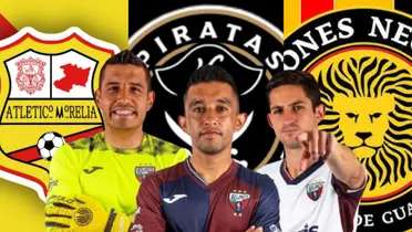 Jugadores del Atlante junto a escudos de Atlético Morelia, Veracruz y Leones Negros / FOTO RÉCORD
