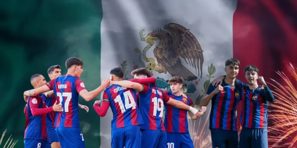 Jugadores del Barcelona en Fuerzas Básicas y bandera de México/Foto Villa del Palmar Loreto.