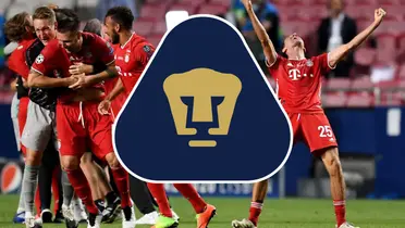 Jugadores del Bayern de fondo, foto de ESPN, con escudo de Pumas al frente