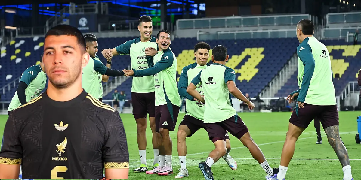 Jugadores en calentamiento, foto de Selección Mexicana, con Lira al frente