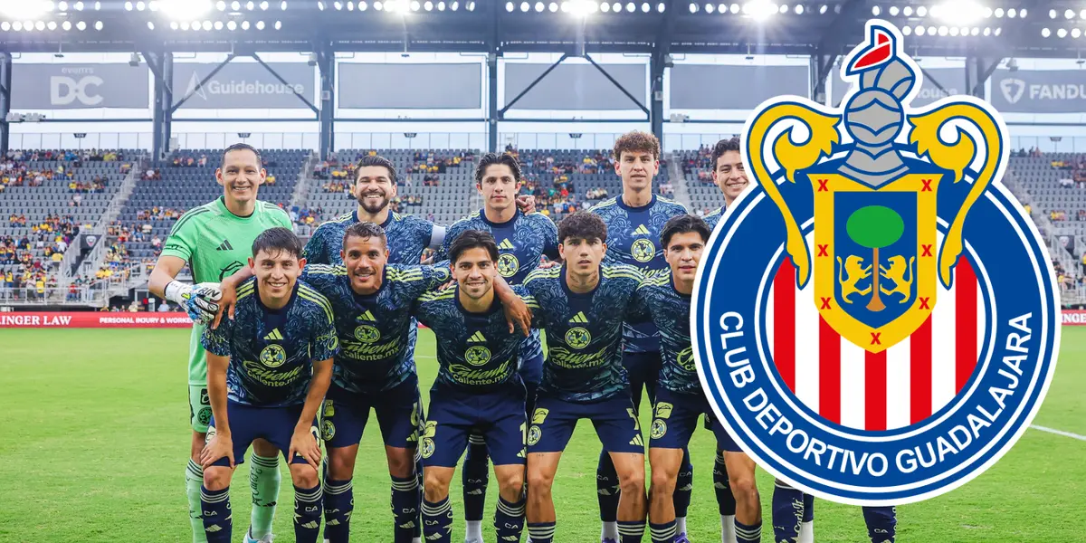 Jugadores en partido, foto de Club América, con escudo de Chivas
