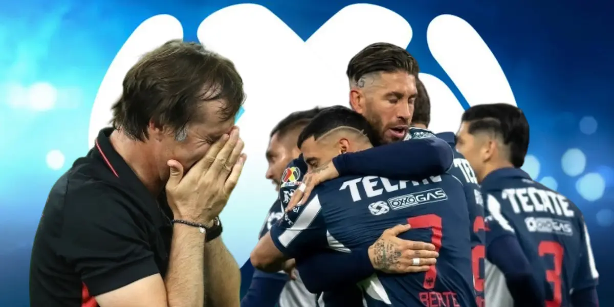 Julen Lopetegui llorando y jugadores de Monterrey/ Foto Claro Sports.