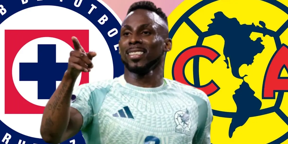 Julián Quiñones junto a los escudos de Cruz Azul y América / FOTO ESPN DEPORTES