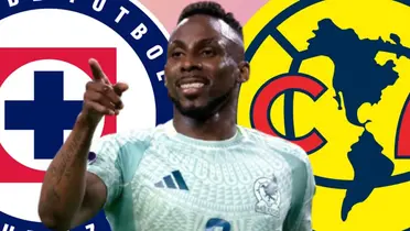 Julián Quiñones junto a los escudos de Cruz Azul y América / FOTO ESPN DEPORTES