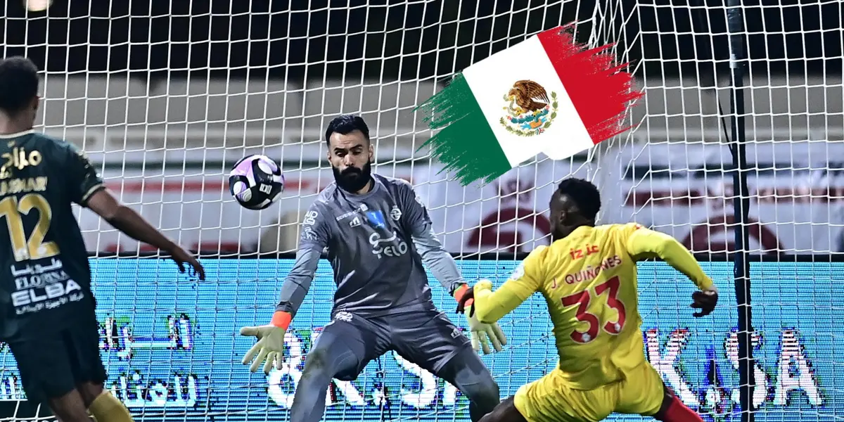 Julián Quiñones marcando gol y bandera de México/Foto Saudi Pro League.