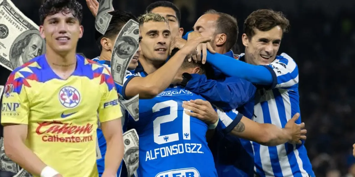 Kevin Álvarez con billetes volando y jugadores de Rayados Foto: El Horizonte