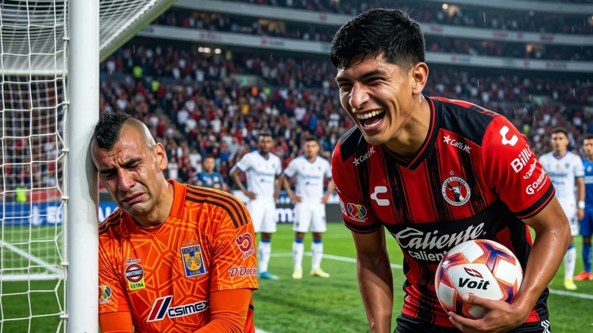 Kevin Castañeda tras anotarle un gol a Nahuel Guzmán en Tigres
